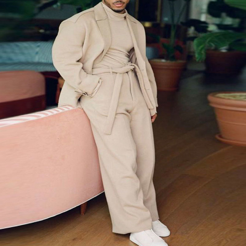 Men Woolen Jacket Pant 2 Pieces Suits Korean Streetwear Fashion Lapel Collar Two Buttons Blazers Coat Pants Suits 2Pcs Set 240813