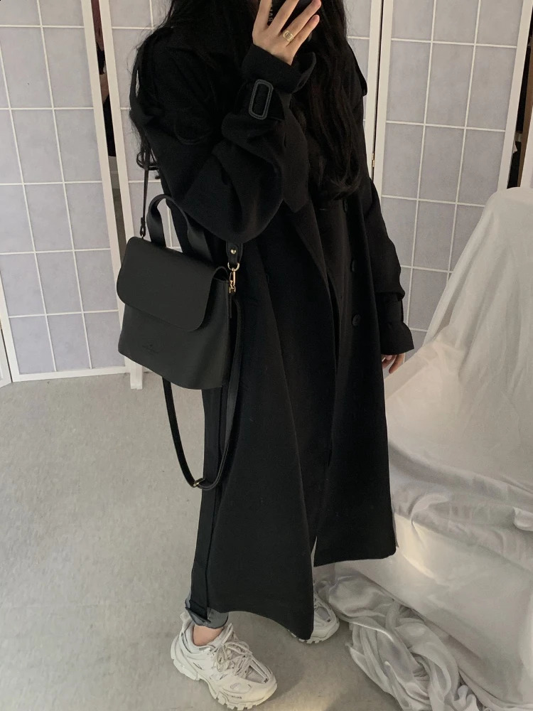 Autumn Coats Woman Winter Solid Color Lapel Double-breasted Oversized Windbreaker Jacket Trench Coat for Women Clothes 240813