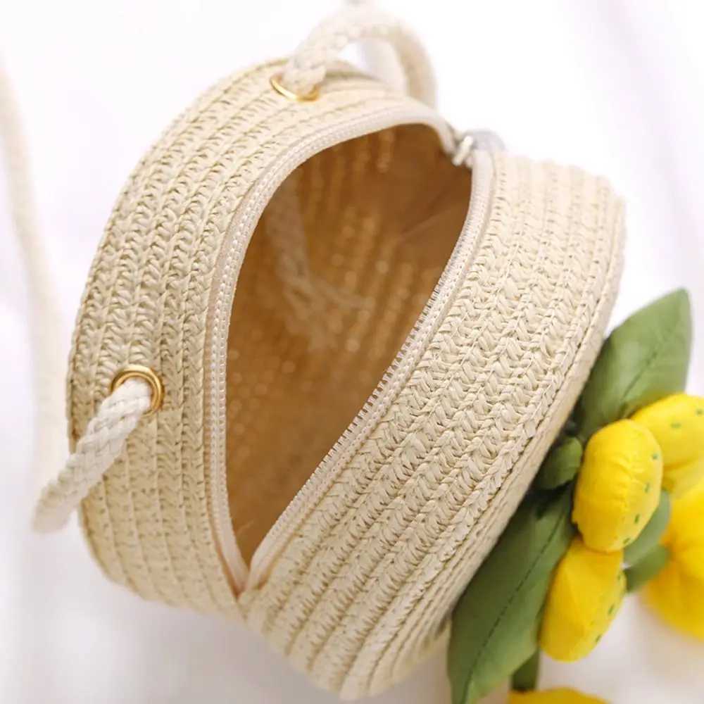 Flower Girl Straw Bag Summer Zipper Hand Woven Childrens Beach Bag Photo Props Coin Wallet Storage Basket W240906