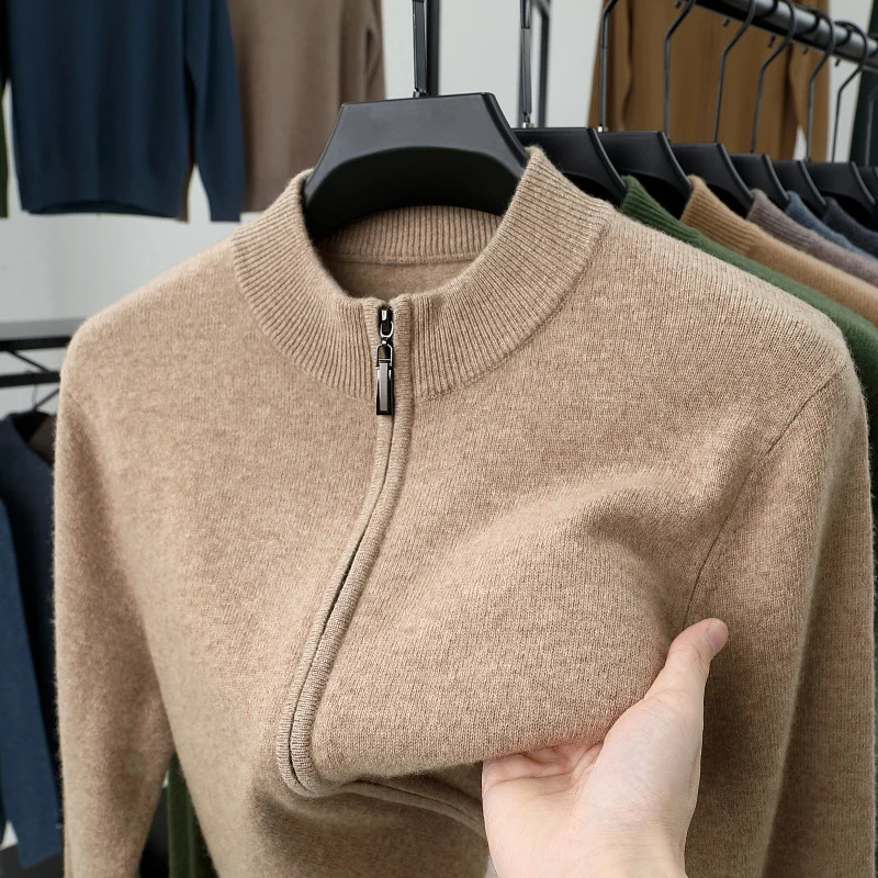 Men Autumn Winter Thicken 500g Pure Wool Zipper Knitted Cardigan Sweater Jacket Business Casual Knitwear Coat Outerwear 240821
