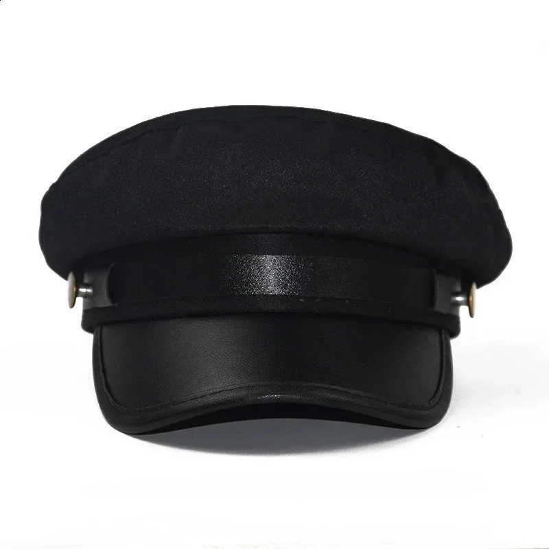 PU leather hat autumn sailor mens British style travel student captain flat top womens 240812