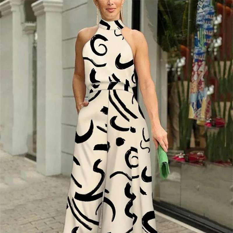 Halter Sleeveless Jumpsuit Slim Sexy Wide Leg Pants Office Ladys Casual Skirt Pants Summer Women Printed Multi-Color Elegant 240813