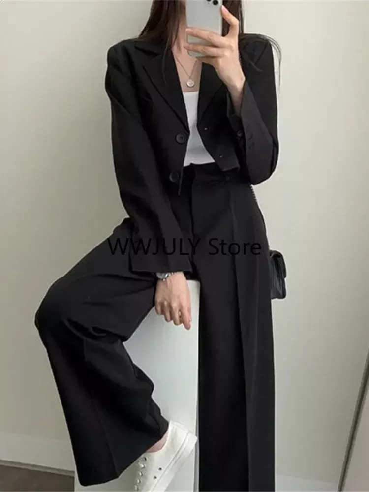 Two Piece Sets Women Outifits Cropped Blazer Fall Office Lady Pants Sets Long Sleeve Fashion Coat Black High Waisted Pants 240813