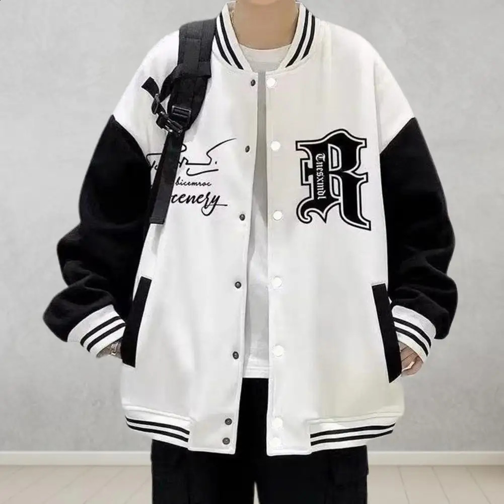 Fall Winter Men Baseball Coat Letter Print Stand Collar Loose High Street Style Singlebreasted Elastic Striped Cuff Color Match 240712