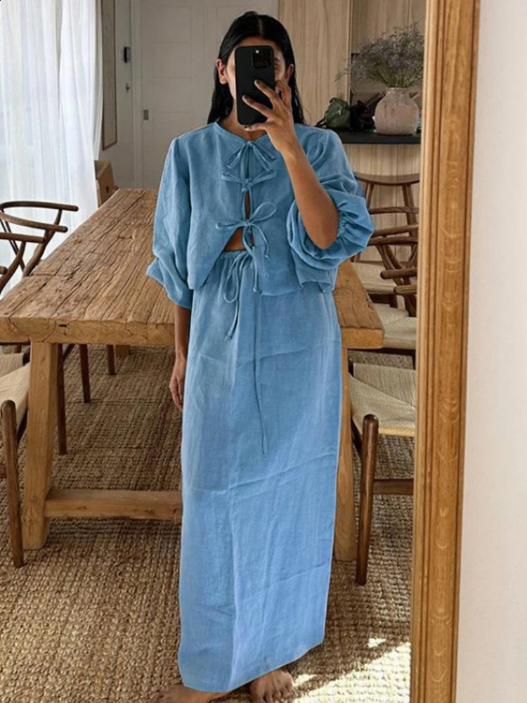 Elegant summer womens linen bow long dress lace solid fluffy sleeveless twopiece set beach holiday shoulder strap 240809