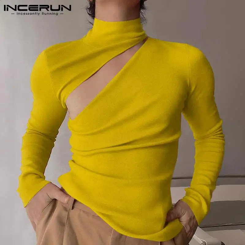 INCERUN Fashion Men T Shirt Turtleneck Solid Color Long Sleeve Hollow Out Casual Men Clothing Streetwear Sexy Camisetas S-5XL 240814