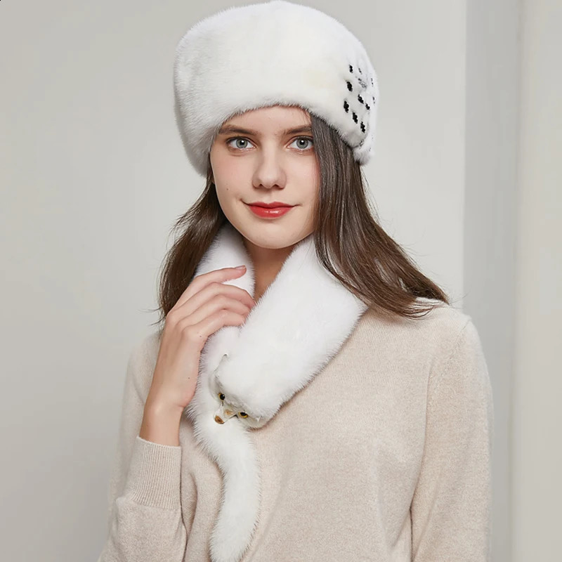Womens Fashion Mink Grass Hat Natural Full Fur Premium Accessories Russian Winter Warm Earmuffs 240812