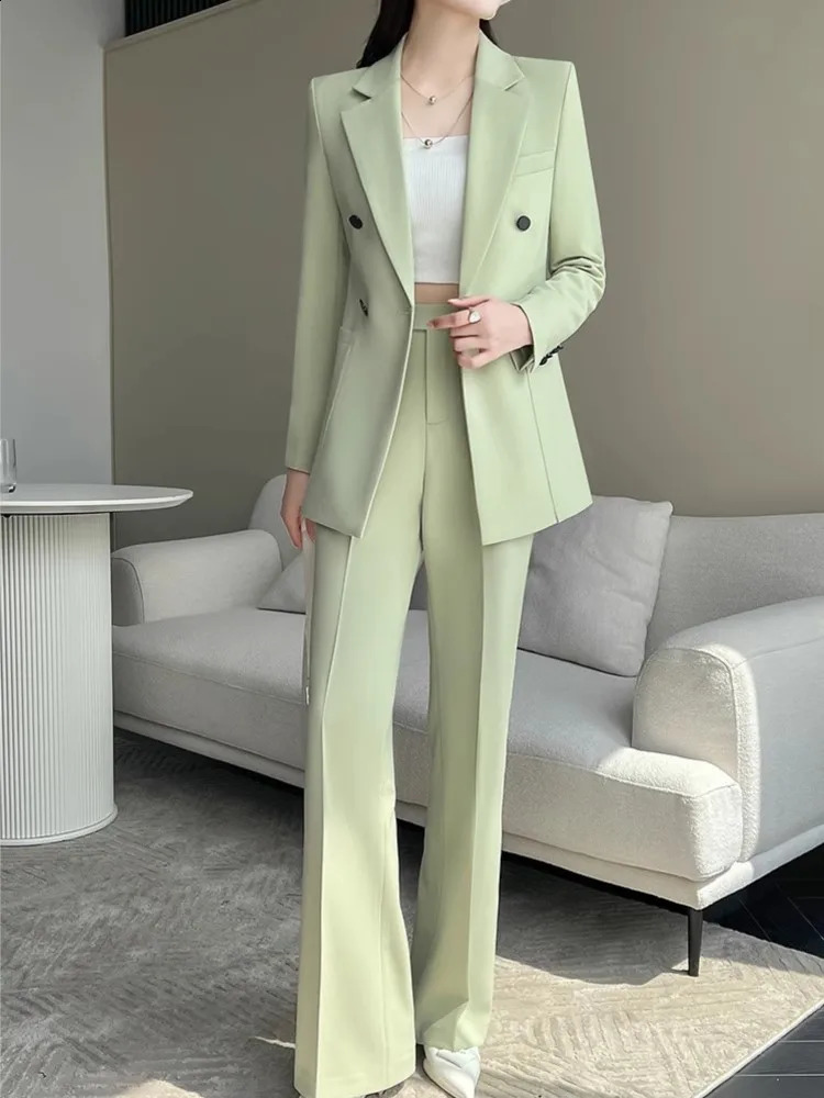 Women Fashion Elegant Chic Blazer Pantsuit Vintage Casual Solid Jackets Straight Pants Two Pieces Set Female Formal Outfits 240813