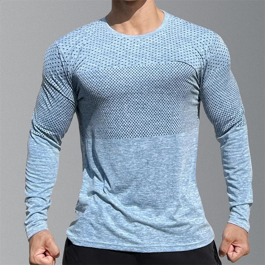 Mens Sport Long Sleeve Tops Quick Dry Fitness T-shirts Bodybuilding Gym Tees Casual Skinny Elastic Breathability Sportswear 240814