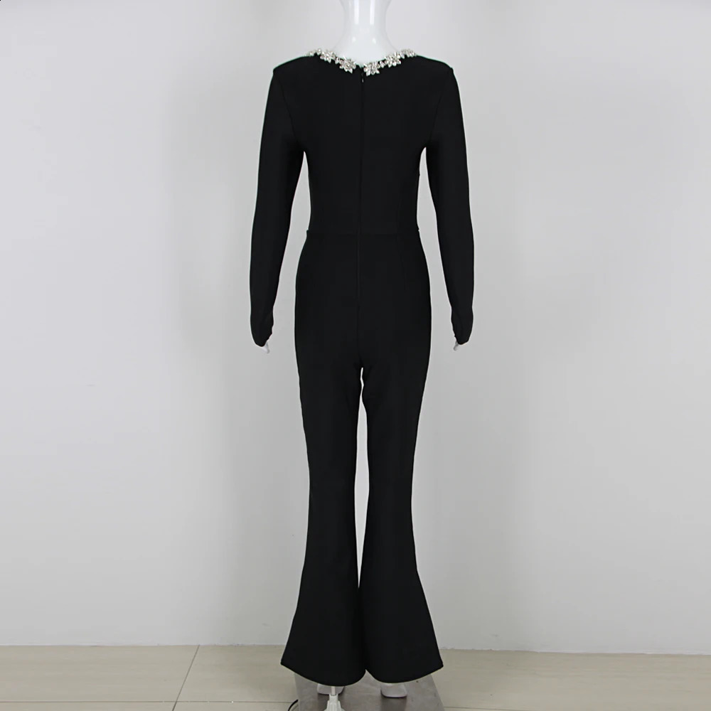 DEIVE TEGER 2024 Womens Black Bandage jumpsuit Square Neck Diamond High Waist Wide Leg jumpsuit Elegant Party jumpsuit 240813