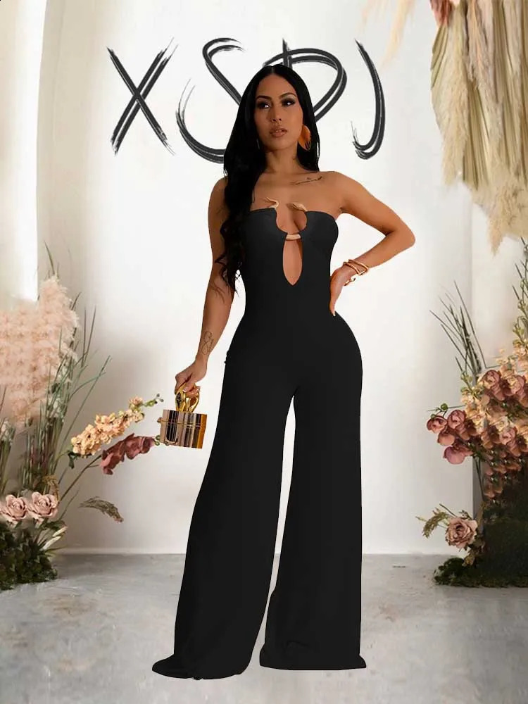 Summer Strapless Jumpsuit for Women V Neck Irrgular Collar Elegant Evening Jumpsuit Zipper Sexy One Piece Party Jumpsuit Ladies 240814