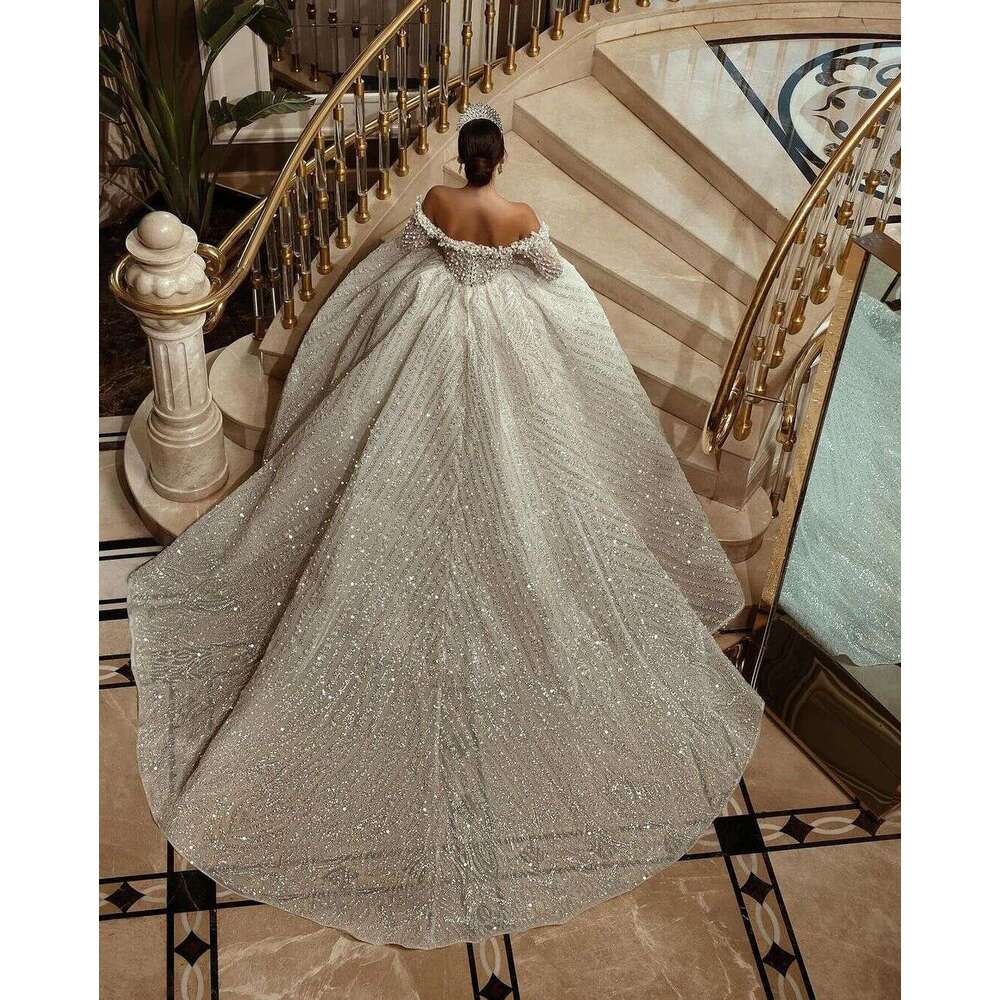 Dress Ball Wedding Beads Sequins Appliques Lace Princess Bridal Gown Off Shoulder Long Sleeves Vestido Custom Made