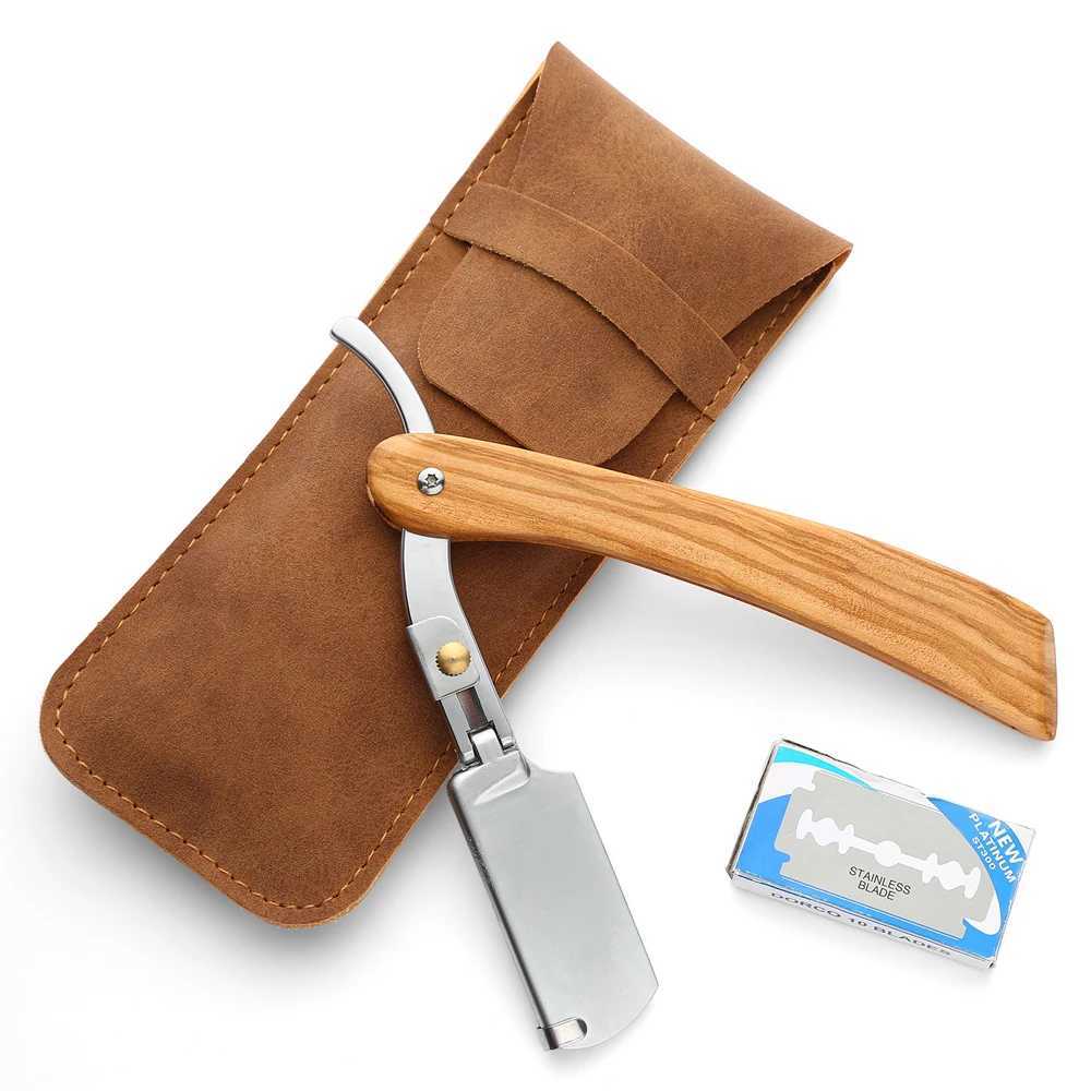 Manual Straight Edge Razor Folding Shaving Shavette Barber Razor Solid Olive Wood Handle With Double Edge Razor Blades PU PouchM240814
