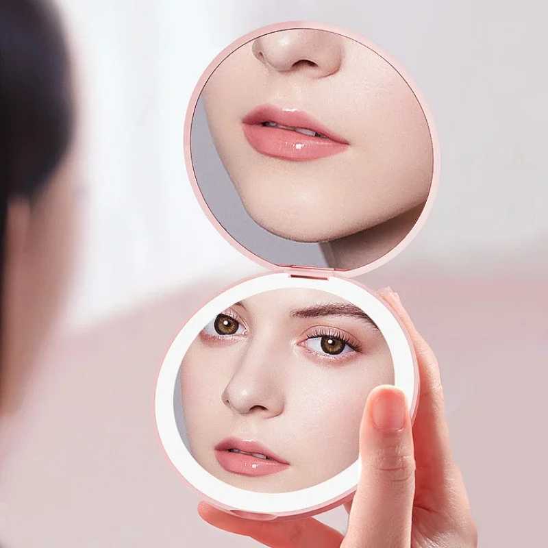 Mini LED illuminated makeup mirror round portable foldable compact mirror with light USB handheld makeup magnifying glass W240813