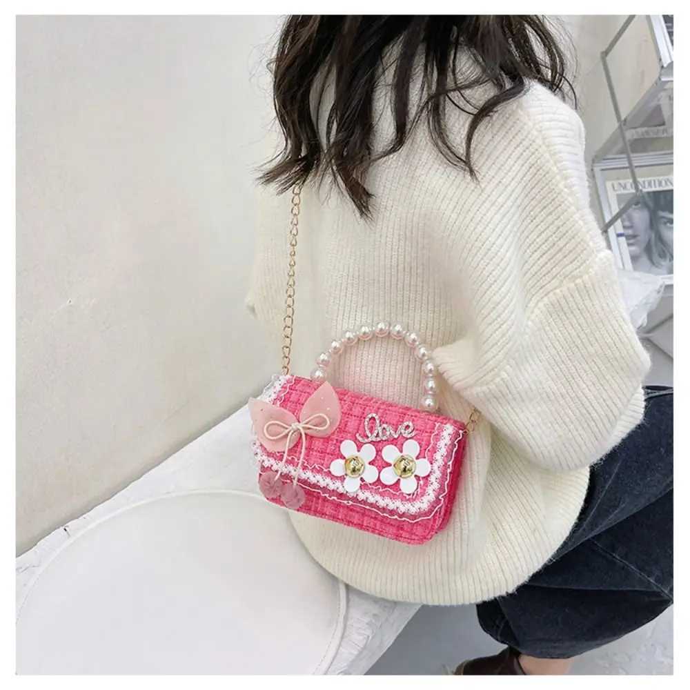 Cute flower pearl handbag childrens shoulder bag bow childrens square cross shaped bag baby girls wallet exchange handbag W240813