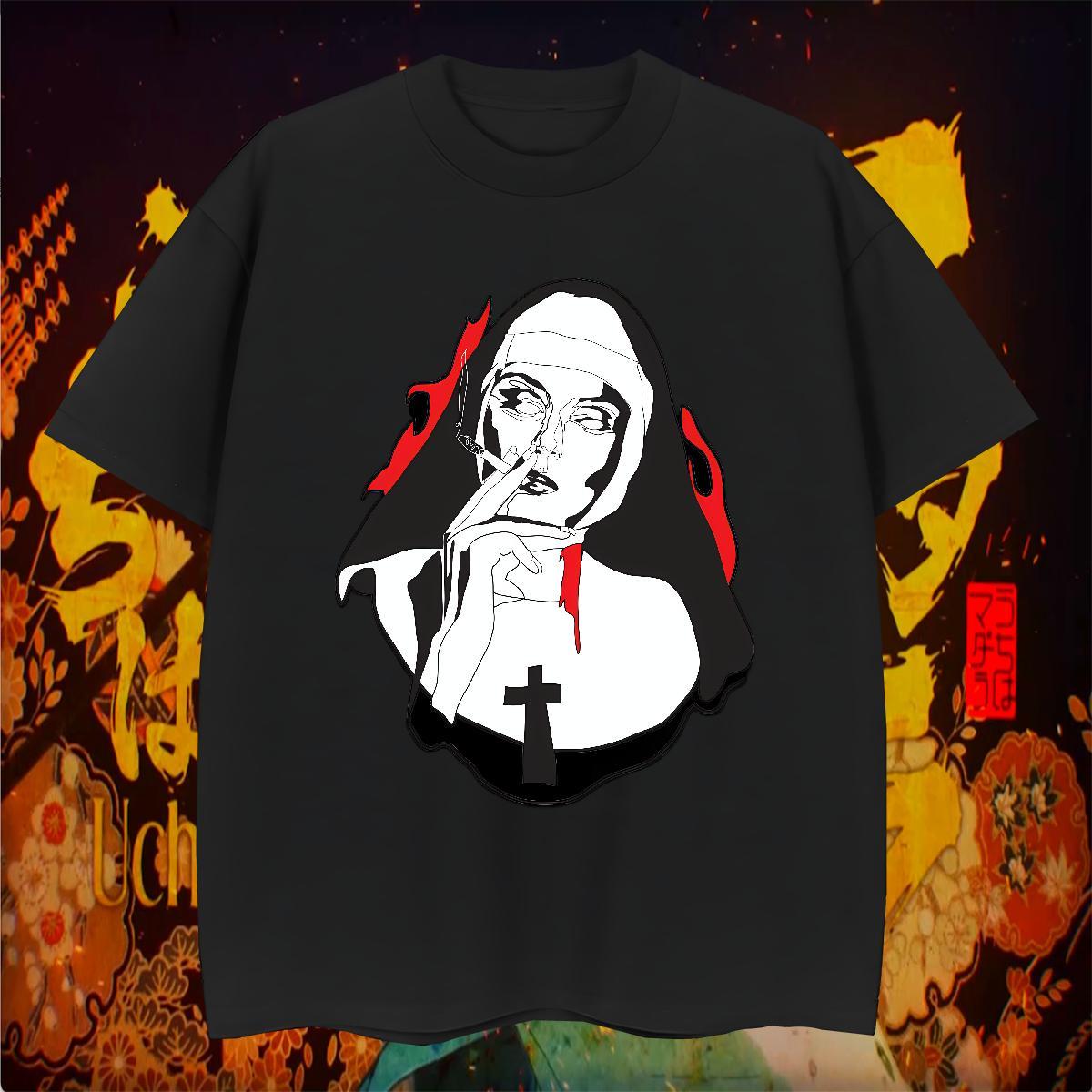 Mens T Shirts 230g Pure Cotton nun Daily Wear Breathable Short Sleeve Anime Print Men Tops Tees Fashion Designer Clothings