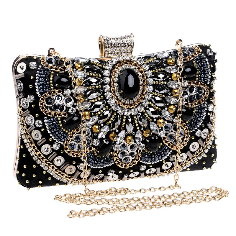 Vintage Women Black Beaded Evening Clutch Bags Ladies Box Metal Clutches Wedding Cocktail Party Handbags Purses 240813ZYl