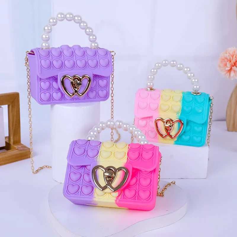 Silicone Love Bubble Jelly Bag Popper Pressure Relieving Purse Pop It Handbag With Faux Pearl Handle Cute Chain Crossbody Bag CL240814