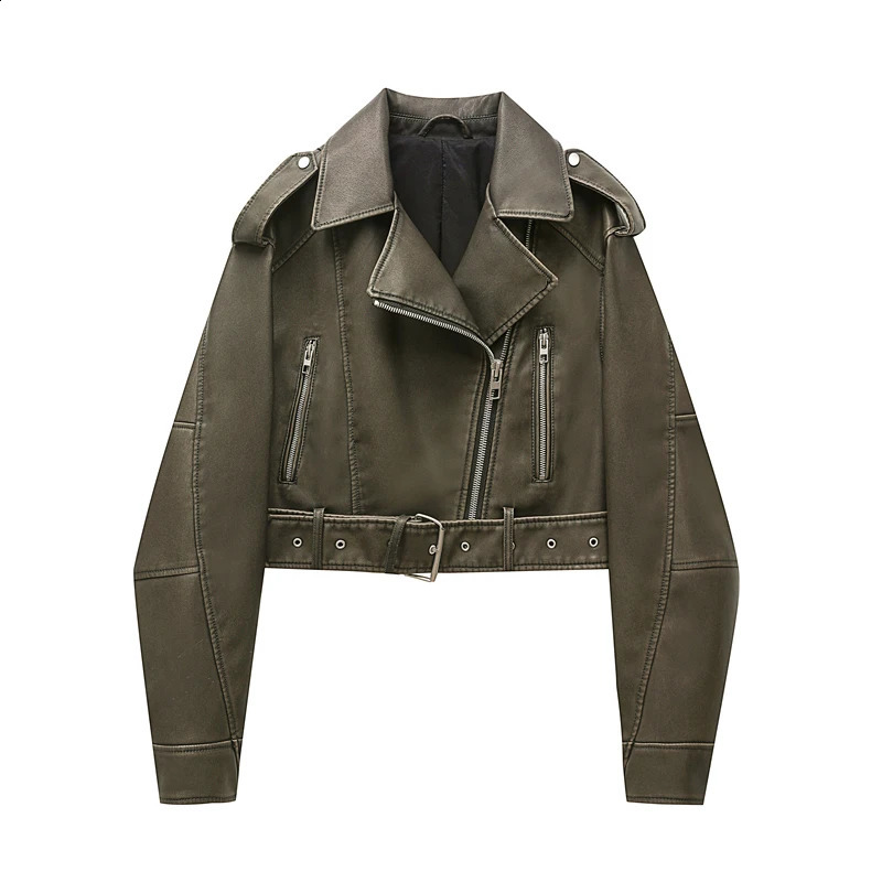 Army gree Coal graysty le Womens washed leather jacket with belt short coat with downgraded zipper and vintage lapel jacket 240813