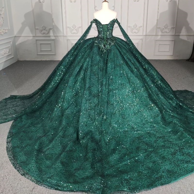 Blackish Green Shiny Off The Shoulder Quinceanera Dress Ball Gown Birthday Party Beaded Tull With Cape Sweet 16 Vestido De 15 Anos