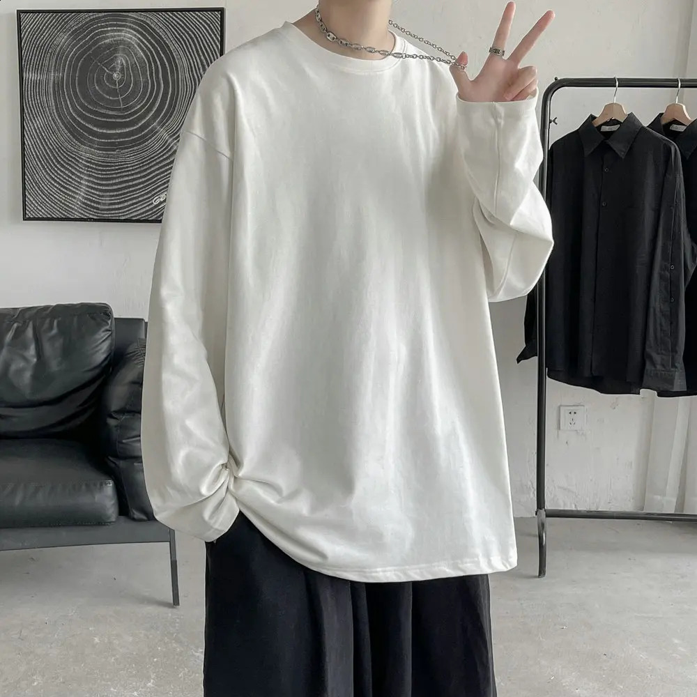 Long Sleeve Casual Solid Color Cotton T Shirt For Men Spring Autumn O-neck Oversized Mens T-shirt 240814