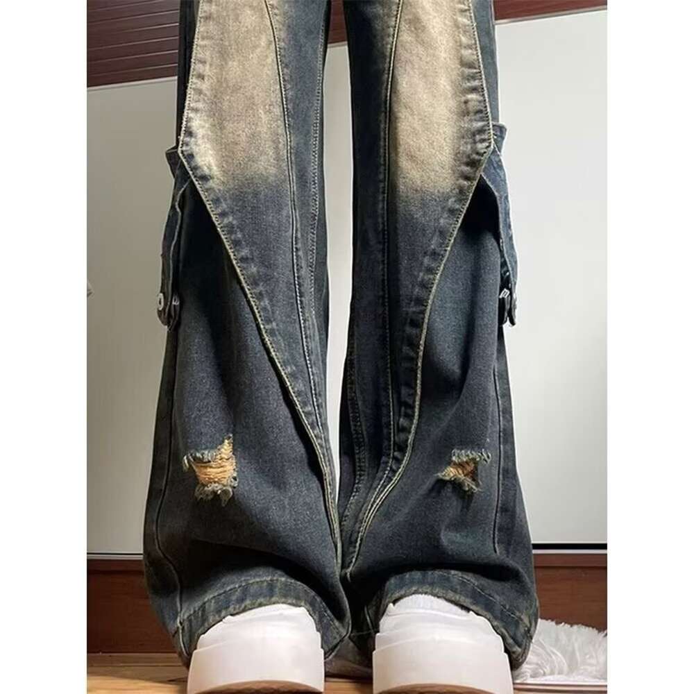 Washed distressed jeans, trendy hip-hop men's niche design, straight leg pants, American high street style