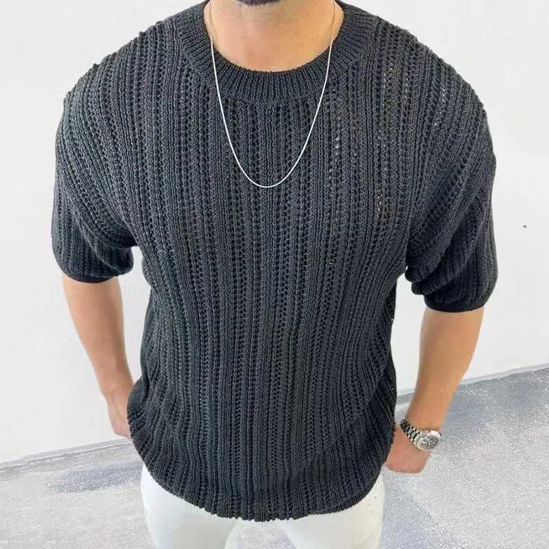Spring Knitted Custom Mens Triple Sweater Slim Fit O-Neck Solid Hollow Mesh Mens Pulling Flower Autumn Long Sleeve Elastic TopW240729