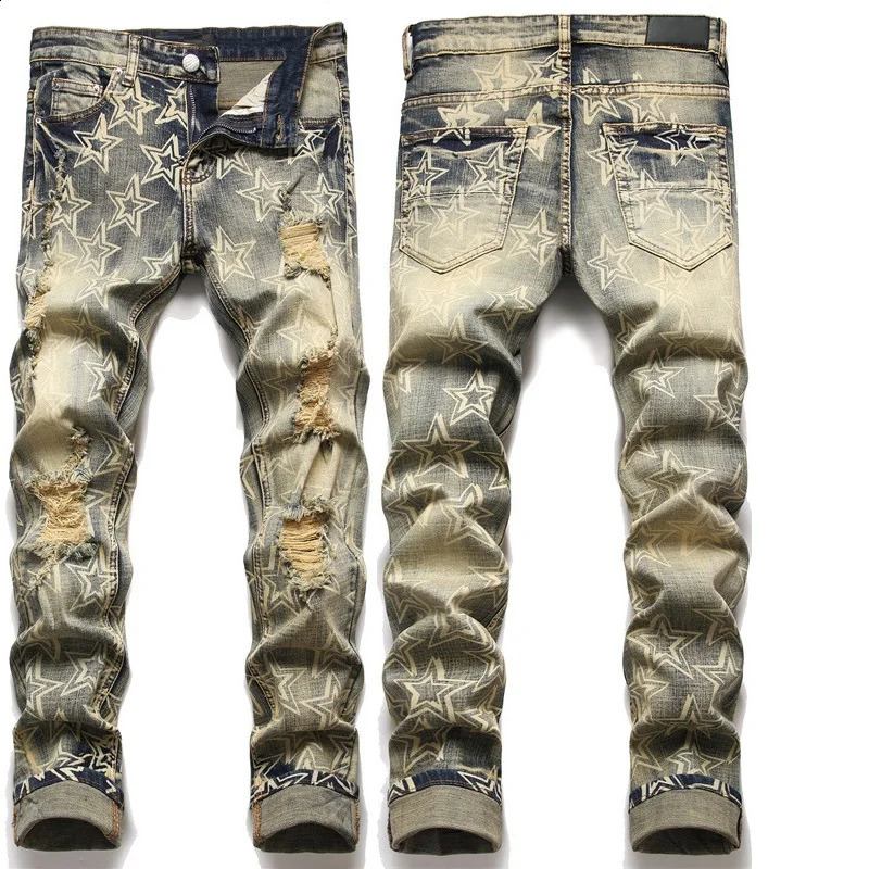 High Street Stretch Embroidered Mens Jeans Ripped Streetwear Punk Style Pants for Man Slim Fashion Small Foot 240813 - view 3