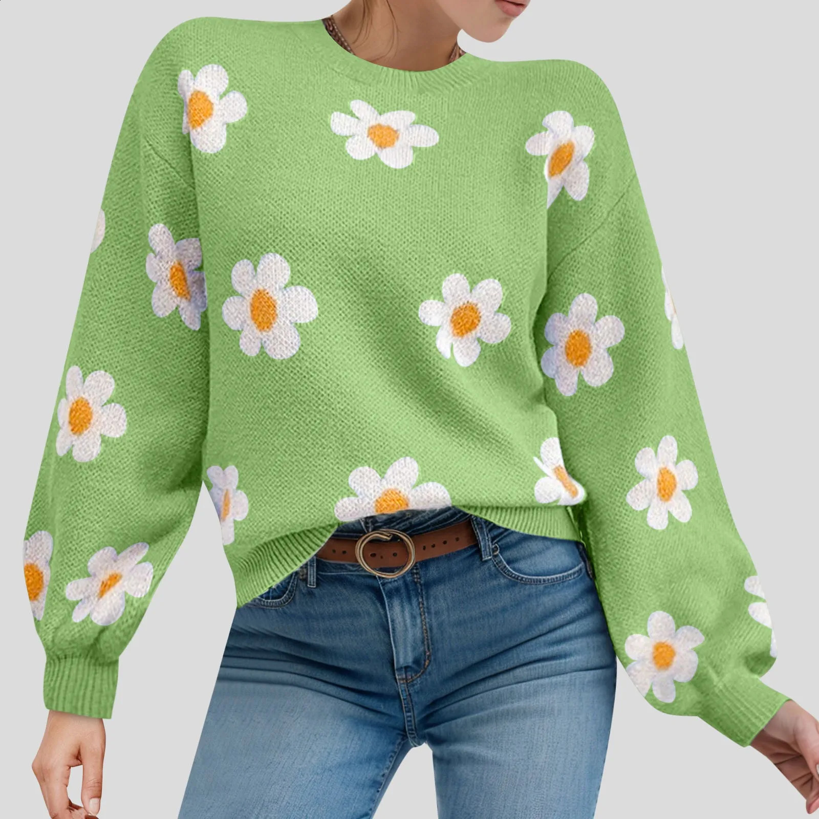 2024 Fall Sweater Women Fashion Round Neck Flower Printed Long Sleeve Ribbed Knitted Pullover Top Autumn Winter Outfits 240814