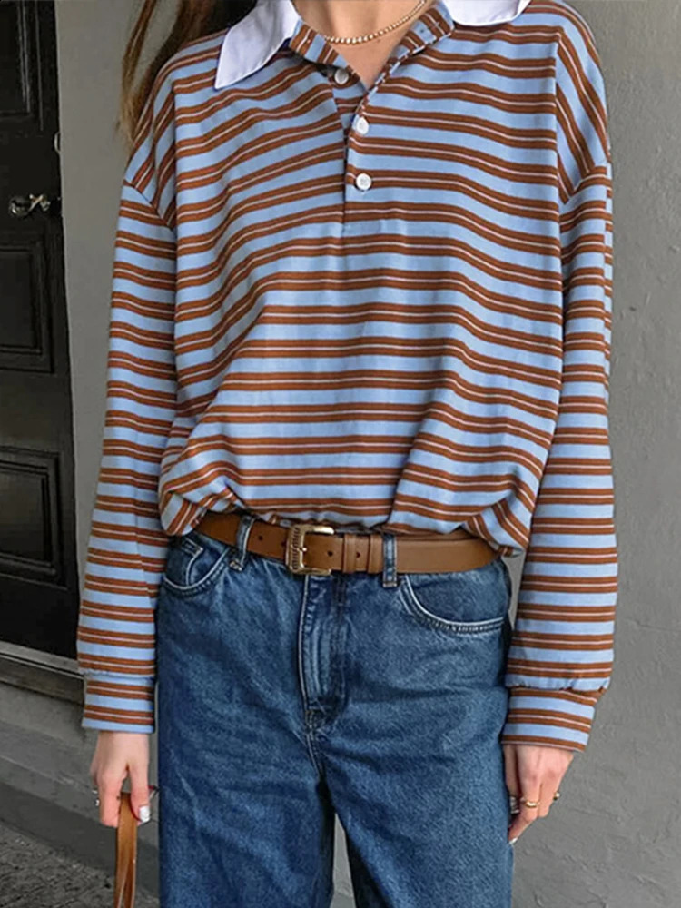 Retro striped womens Pullover T-shirt with lapel and long sleeved top womens casual loose button down shirt fashionable Pullover 240827