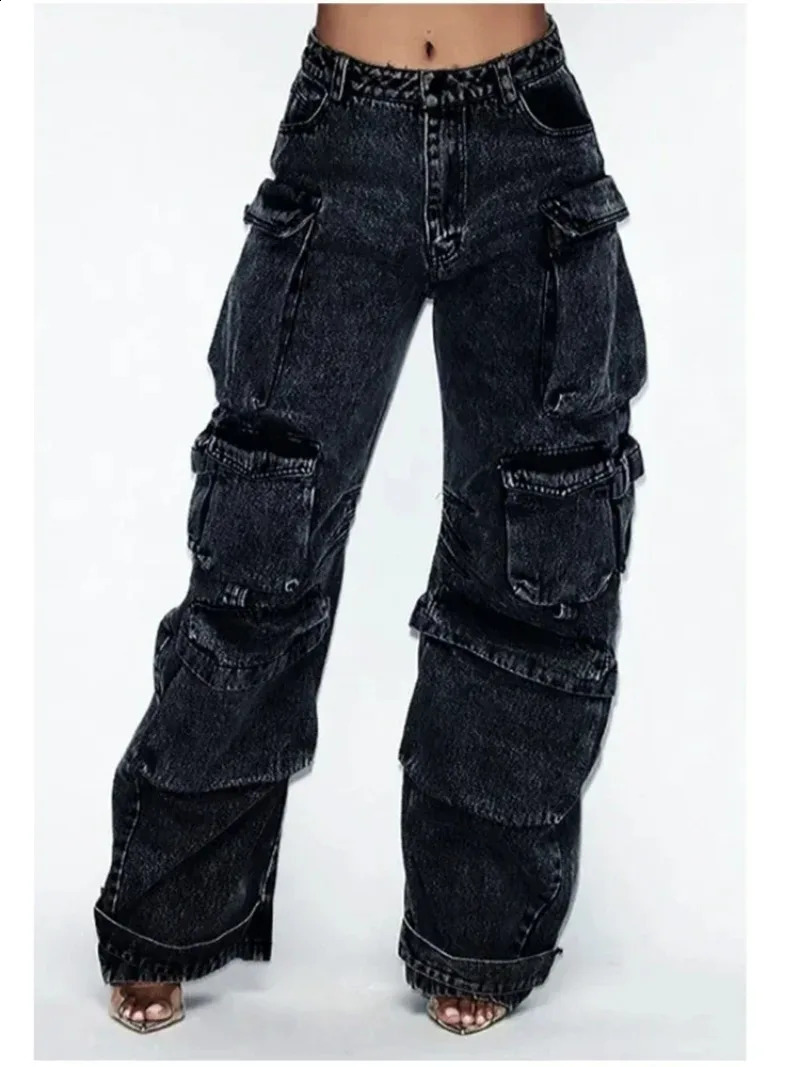 Y2K Multi-Pocket Solid Color Loose Jeans Womens High Street Retro Hip Hop Wide-leg Pants Casual Straight High-Waisted Jeans 240813