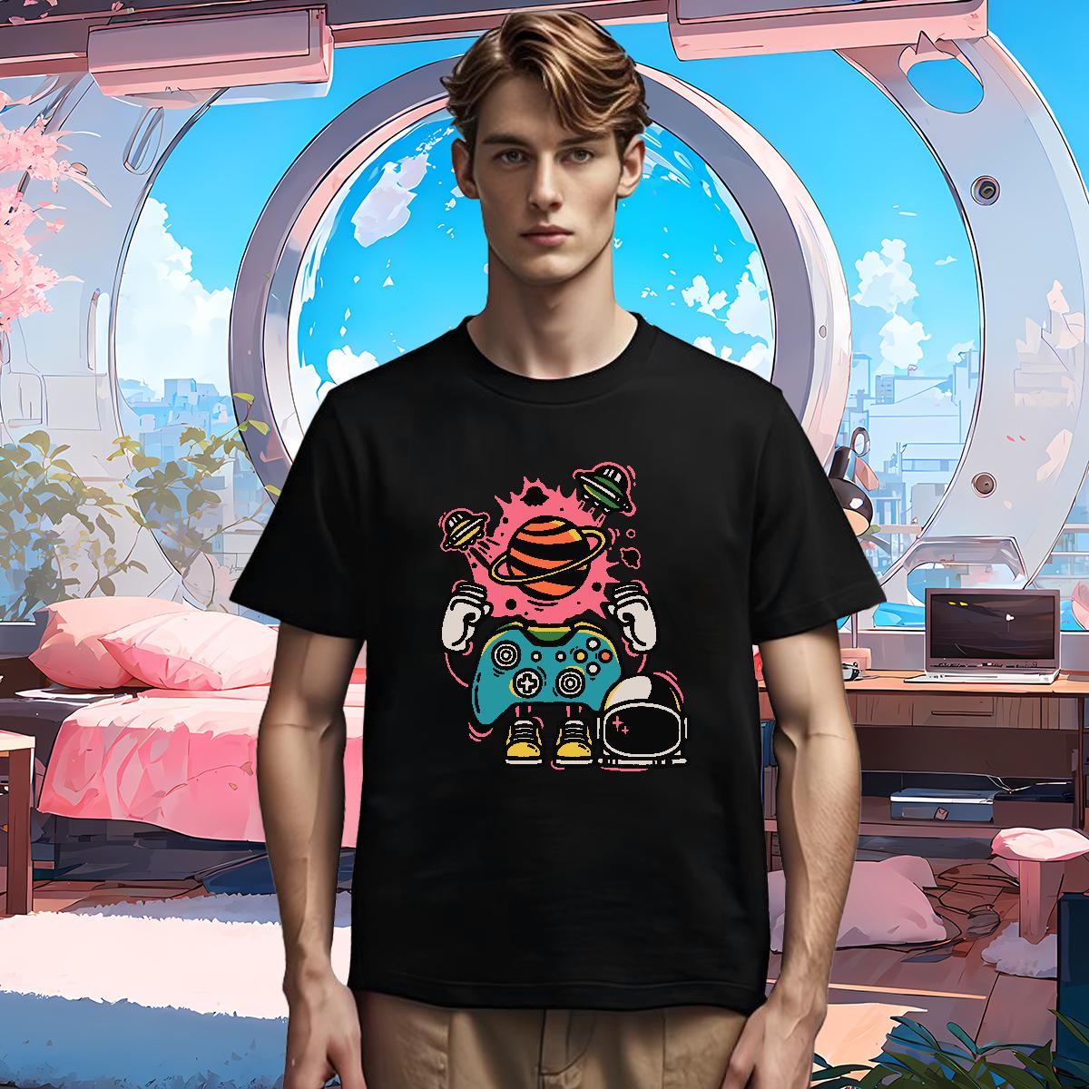Men T Shirts 230g 100% Cotton cosmonaut Daily Wear Breathable Soft Cartoon Print Men Clothes T-Shirt 2024 Unisex Tees