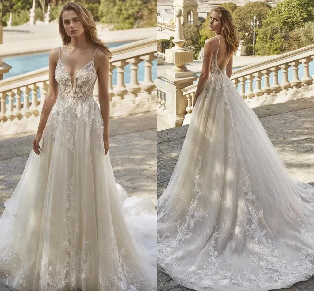 Romantic Lace Tulle Wedding Dresses Sexy Backless A Line Spaghetti Straps Appliques Ruffles Long Bridal Gowns