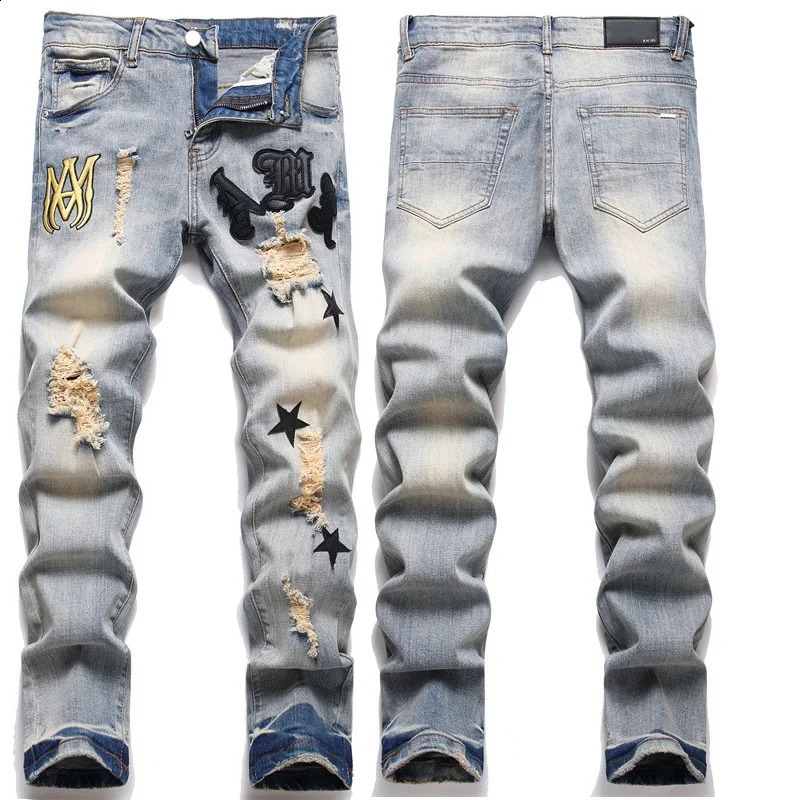 High Street Stretch Embroidered Mens Jeans Ripped Streetwear Punk Style Pants for Man Slim Fashion Small Foot 240813 - view 4