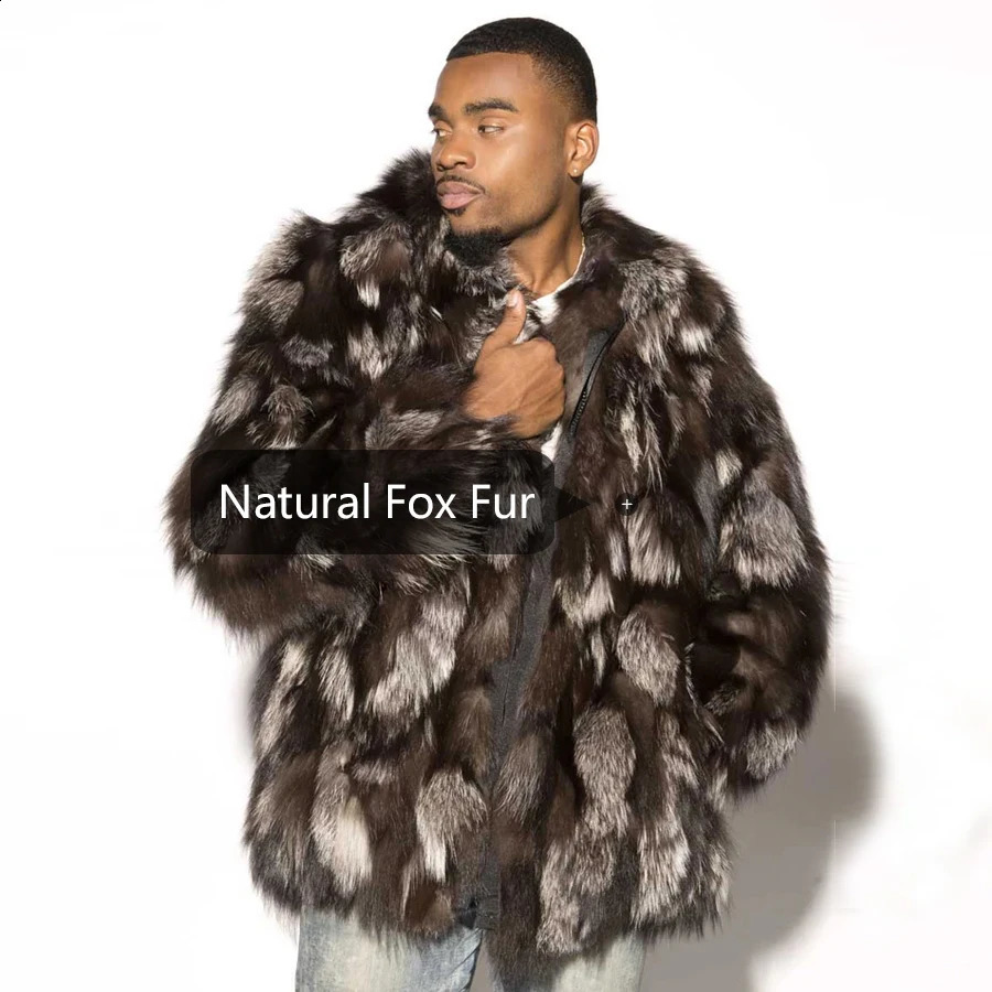 Silver fox fur mens jacket real winter fashionable y bomber 240809