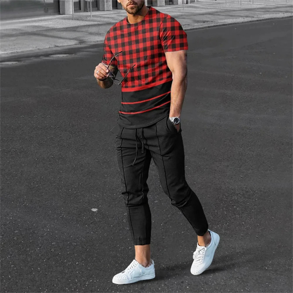 Men Summer T Shirt Pants Sets Print Tracksuits Oversized T-shirts Sweatpants Suits Male Sportswear Trousers Outfits Men Clothing 240814