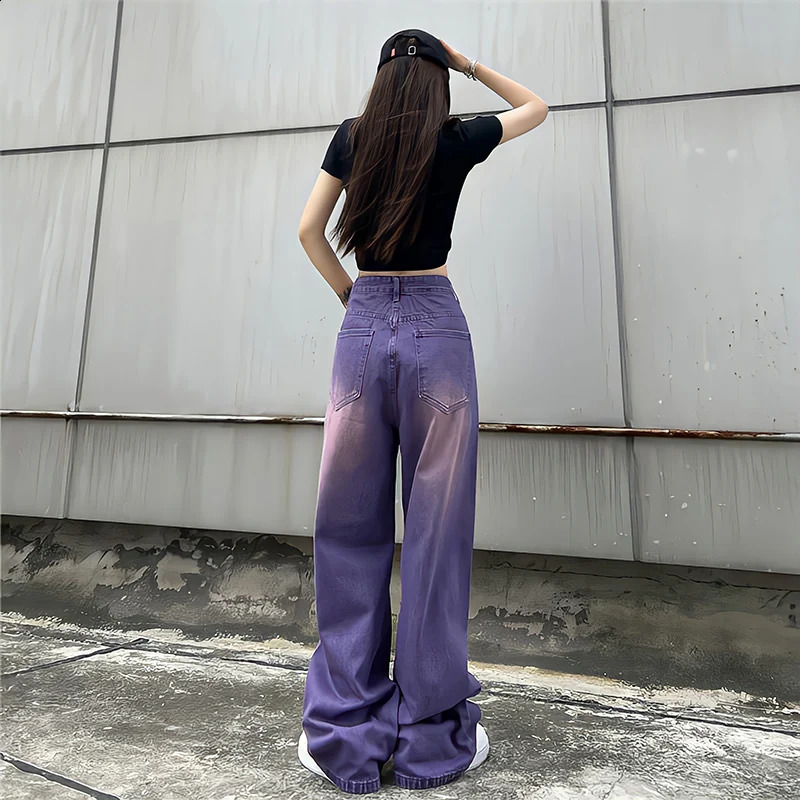 Womens Purple Baggy Jeans Boyfriend Style High Waist Gradient Color Washed Y2k Cargo Pants Mopping Straight Denim Trousers 240813