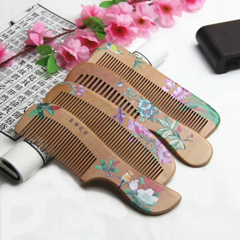 1 natural peach solid wood comb carved peach wood health massage anti-static comb hair care tool beauty accessories W240813