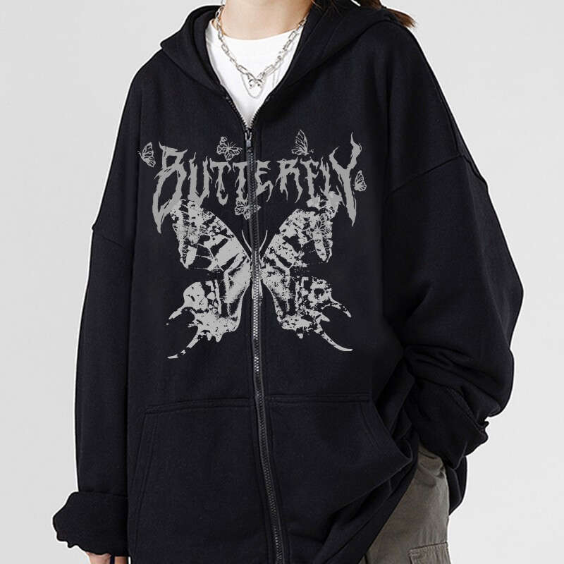 Loose 90s Long Sleeved Women Zipper Sweatshirt Y2K Hip Hop Style Punk Gothic Zip Hoodie Female Plus Size Jacket Coast