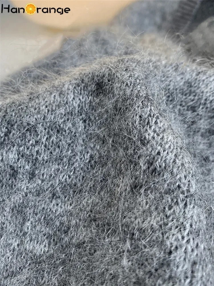 HanOrange 2024 Autumn Winter Simple Soft Mohair V-neck Sweater Women Knitted Vest GreyOat 240813