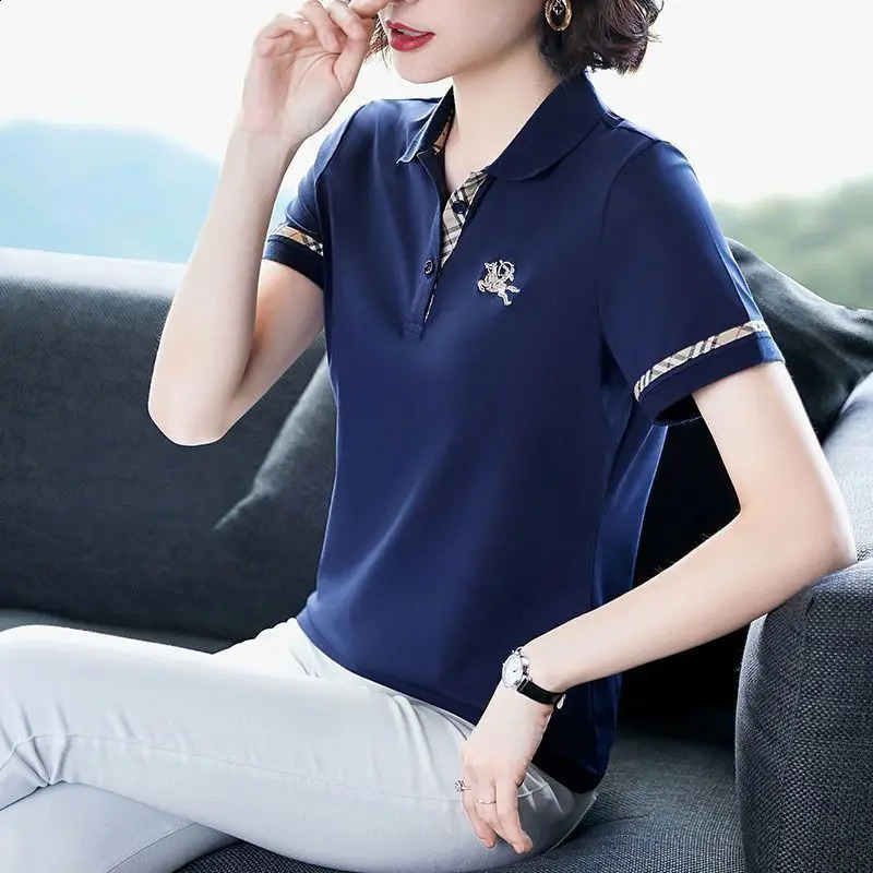 Summer Cotton Womens Short Sleeve Lapel Polo Shirt Female Casual Solid Tee Shirts slim golf polo shirts embroidery 240814