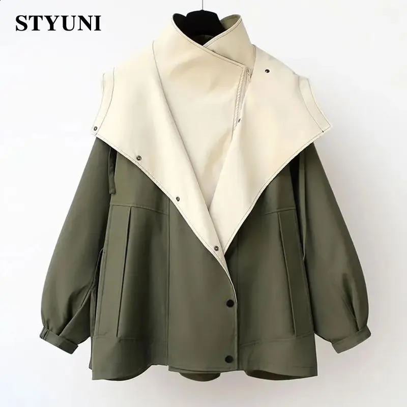 Green Color Block Asymmetric Long Sleeve Cotton Outercoat Womens Jacket Trench Coat Korean Fashion Jackets For Women Winter 240813
