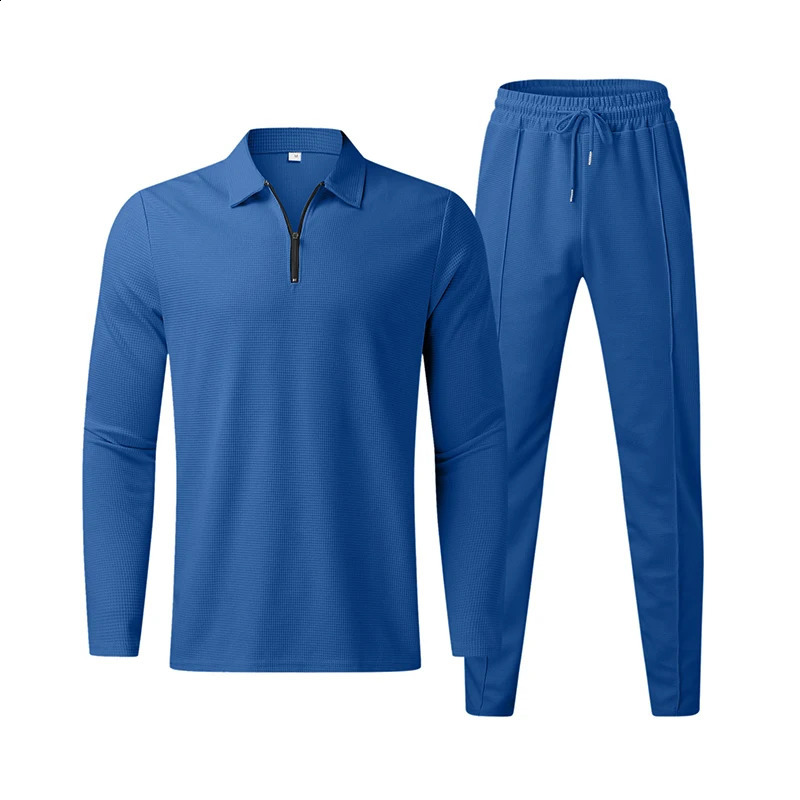 Spring Autumn Solid Color Polo-neck Loose Casual Top Elastic Pants Set Male Fashion Sporty Pullover Tee Sweatpants Suit Homme 240813