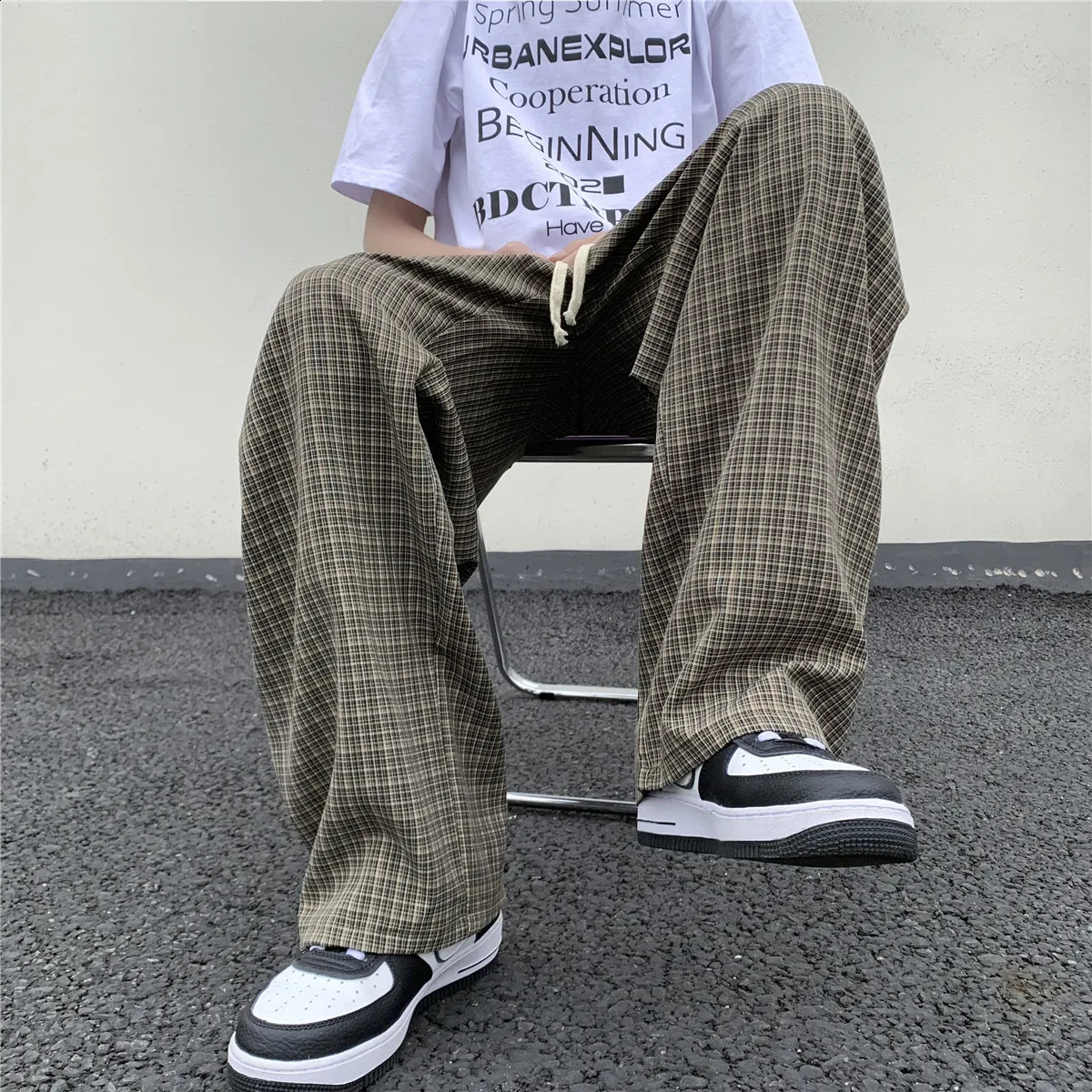 SummerAutumn Plaid Pants Men Loose Casual Straight Trousers for MaleFemale Harajuku Hip-hop Streetwear Wide-leg Mopping Pants 240814