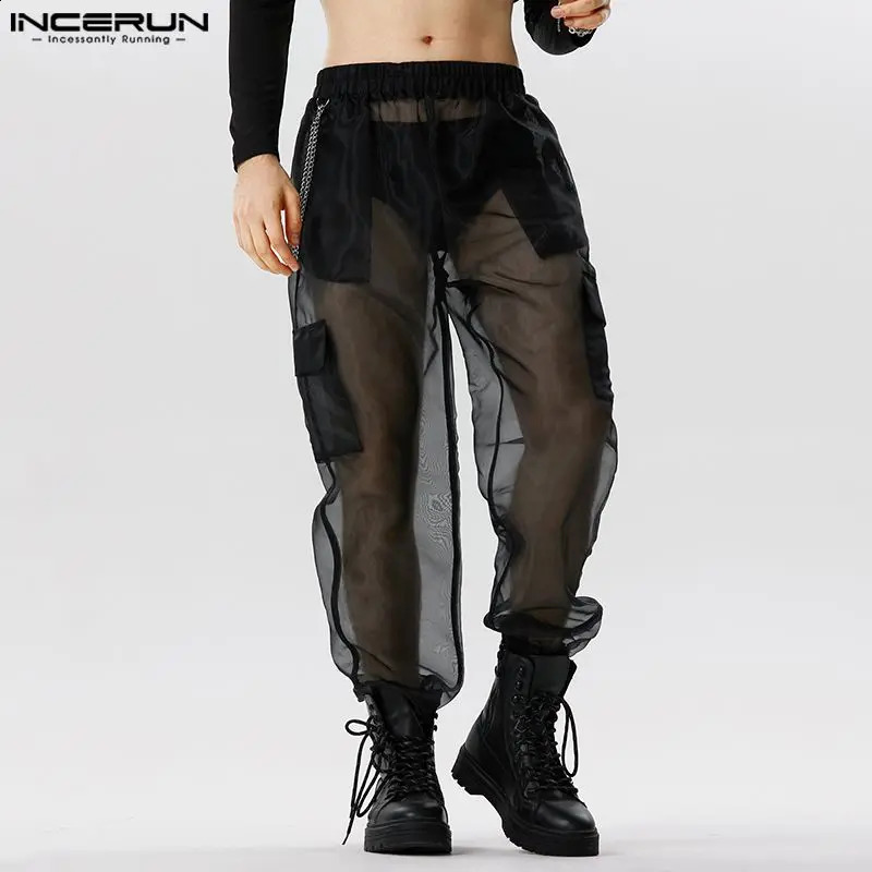 Stylish Casual Style Trousers INCERUN Mens Party Shows Long Pants Sexy Solid See-through Thin Mesh Pantalons S-5XL 240814
