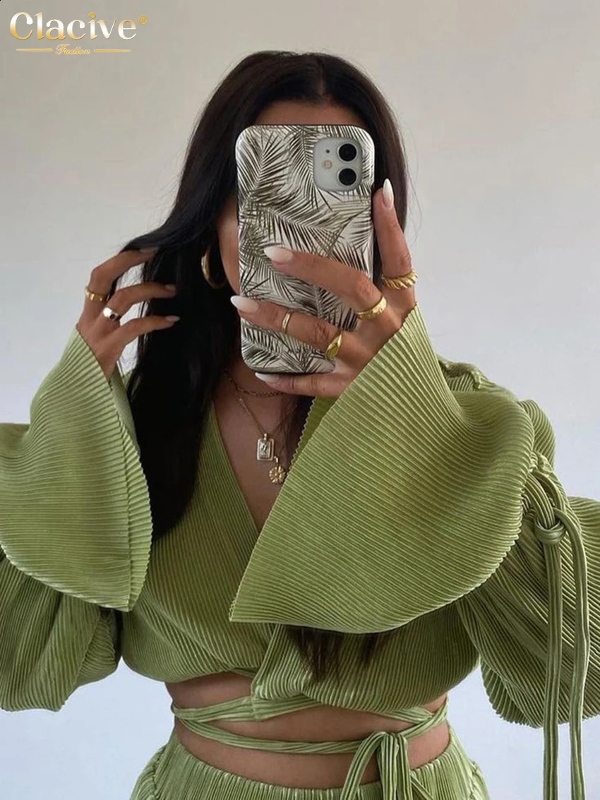 Clacive Sexy Green Pants Set Women Casual Loose Bandage Blouses Shirt Matching Wide Leg Trousers Suit Elegant 2 Piece Pant Set 240813