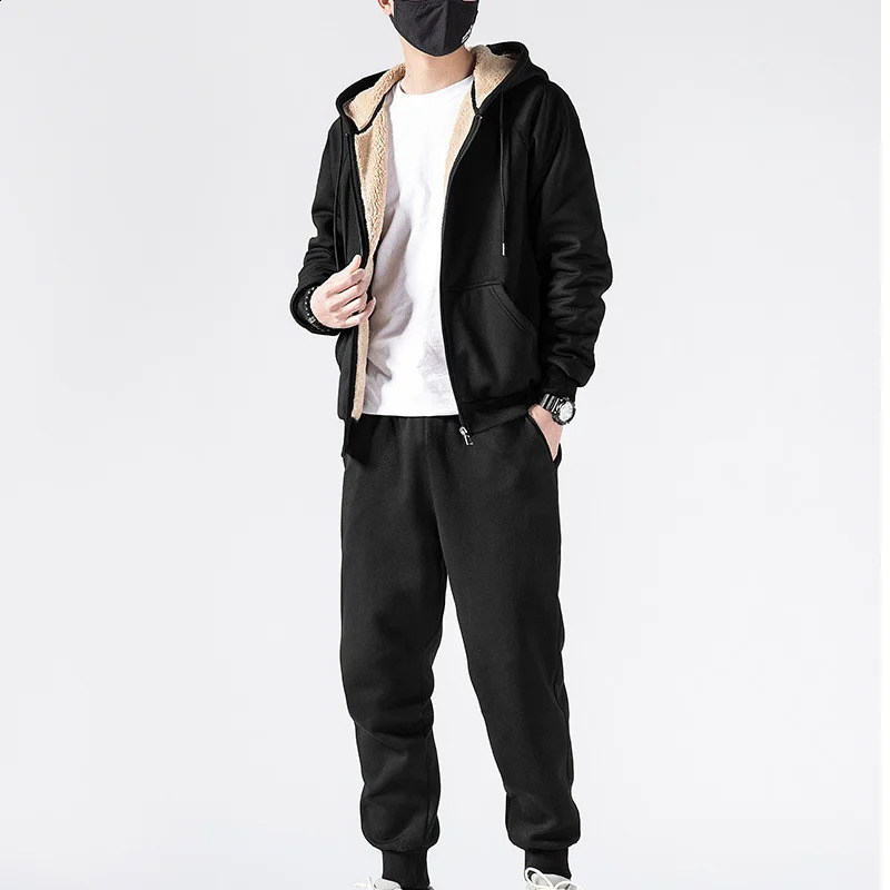 Mens Sets Tracksuit Men Lamb Cashmere Winter Wool Hooded Sweatshirt Thick Warm Sportswear Male Suit Two Piece Set Casual Sets 240813
