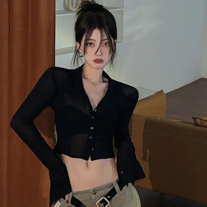 See Through Womens Sexy Retro Y2k Crop Top Street Clothing Harajuku Ultra Thin Long Sleeve Single Sweating Black Wine Shirt 240827