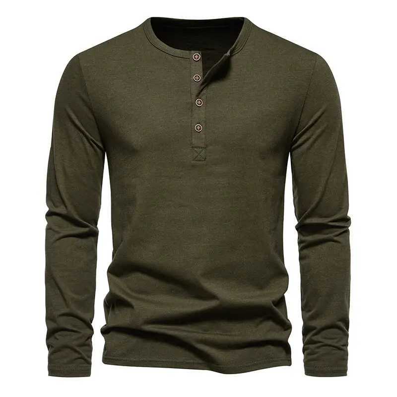 Autumn Mens Long Sleeve T Shirt Fashion Henry Collar Tops Tees Men Solid Color Casual Streetwear High Quality Tshirt For ManM240814
