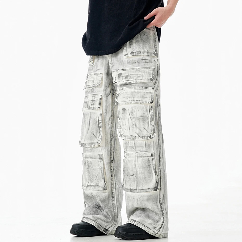 Dirty Cargo Jeans Wide Leg Loose Baggy Denim Pants Men Streetwear Hip Hop Jeans Trousers Multi Pocket White Trousers 240814